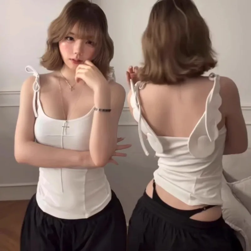 2026 Design Angel Wings Strap Vest Women's Summer Hot Girl Style White Pure Desire Versatile Outerwear Top Trendy