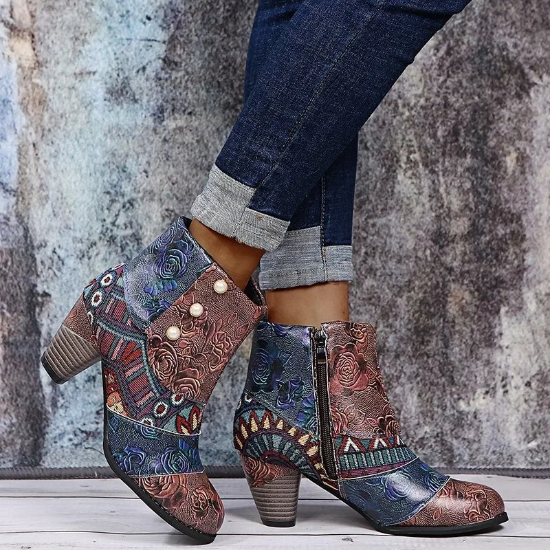 PU Leather Women's Boots Ethnic Group Waterproof Ankle Boots Zip Chunky Heel Retro High Heels Fashion New Autumn Shoes for Women