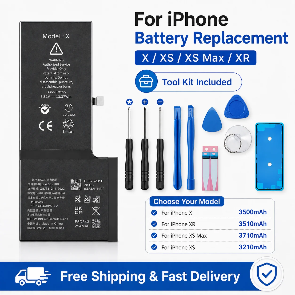 For iPhone X XS XR XS Max Replacement Battery Rechargeable Li-ion Internal Phone Battery With Tool Kit Repair Spare Part