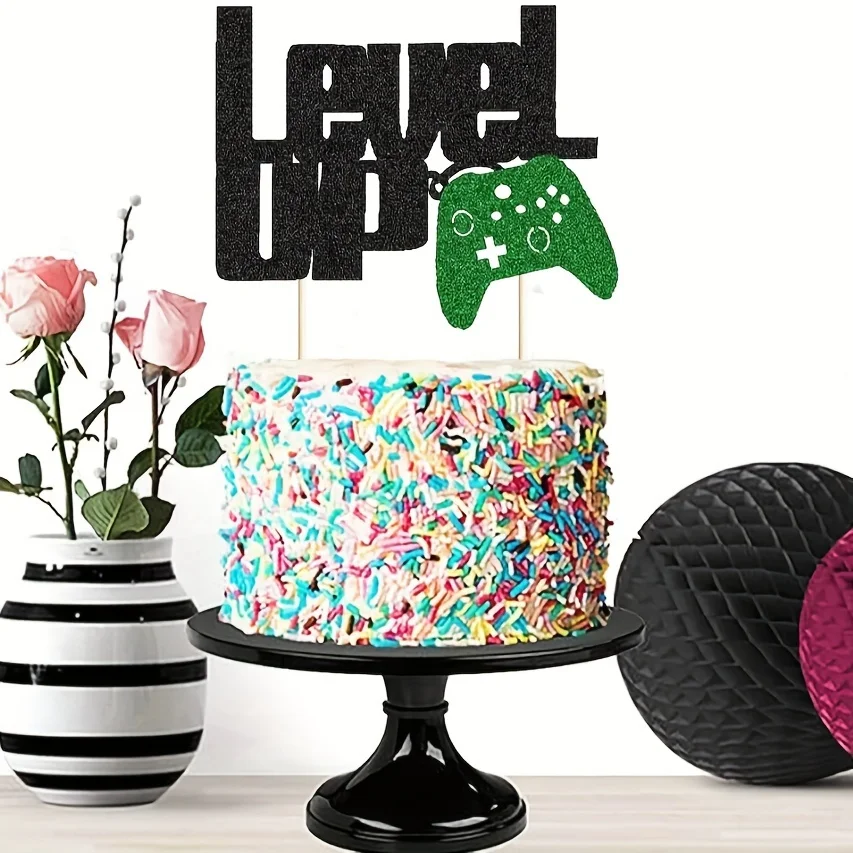 1pc Level Up Cake Topper Black And Green Glittery Video Game Party Cake Decor Video Game Controller