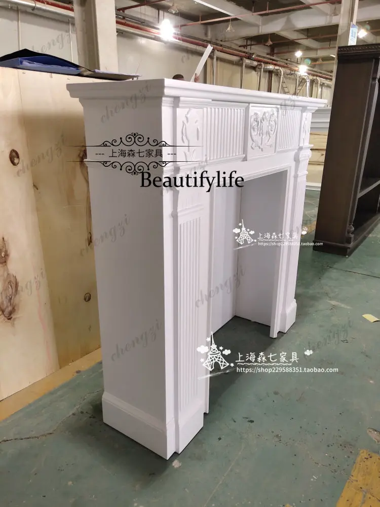 New European solid wood carving flower white fireplace cabinet American light luxury interior background wall living room retro