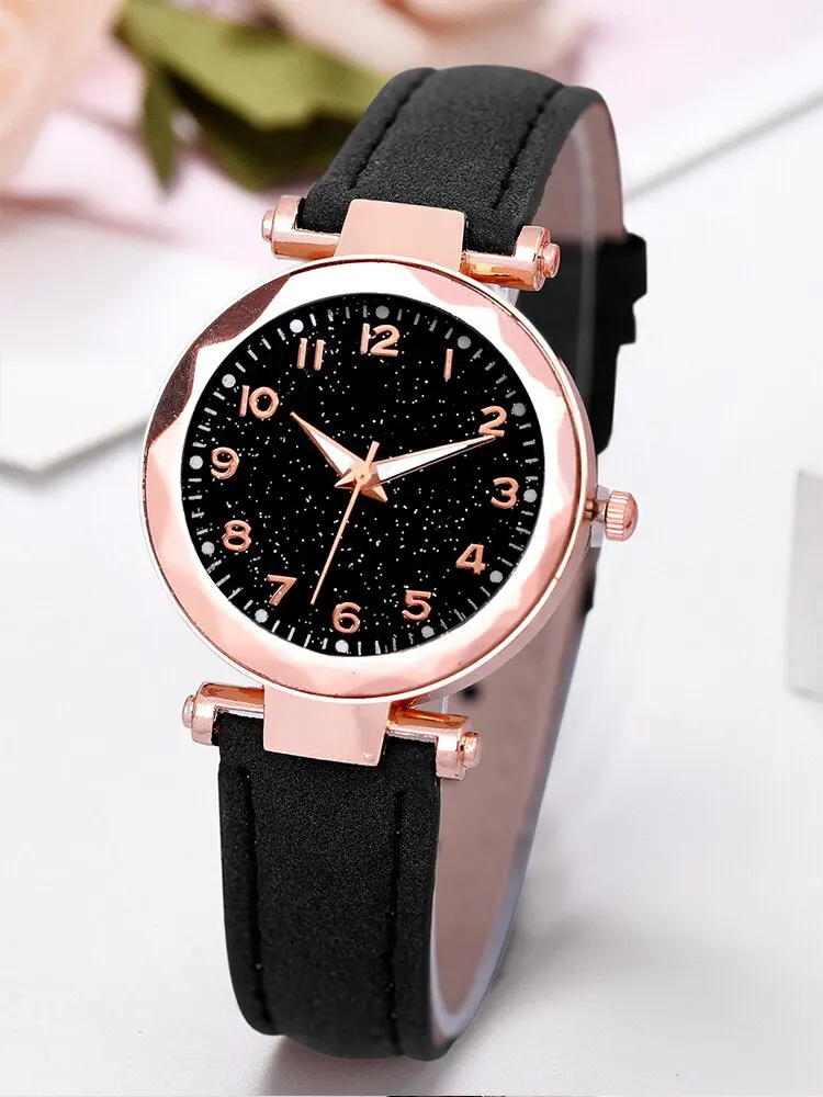 5pcs Women's Starry Sky Digital Scale Black Belt Quartz Watch+Bracelet Combination Set image 2