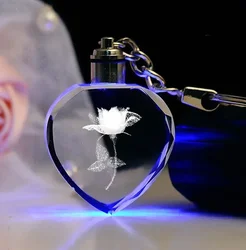 Valentine's Day Gift Keyring I Love you LED Light Keychain Colorful Rose Flower Love Heart Shape Crystal Lover KeyChain
