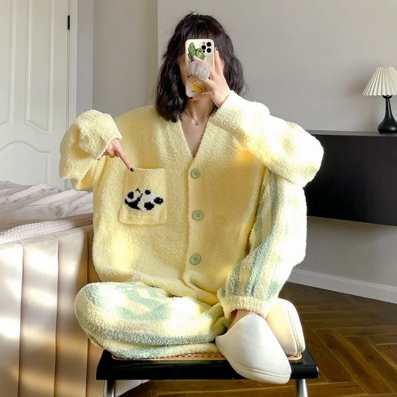 

Coral Velvet Pajamas Women Winter Simple New Long Sleeve Cardigan Thickened Plush Homewear Set Panda Warm