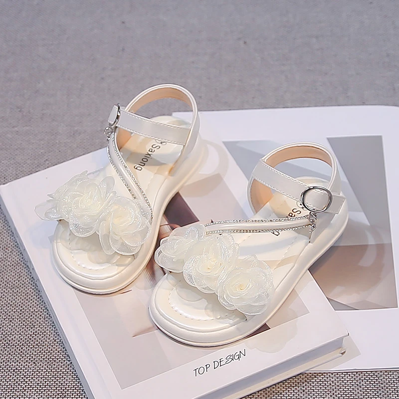Kids Beach Shoes Sweet Lace Flowers Girls Casual Shoes Open Toes Soft Bottom 2026 Summer New Children Princess Sandals Non-slip