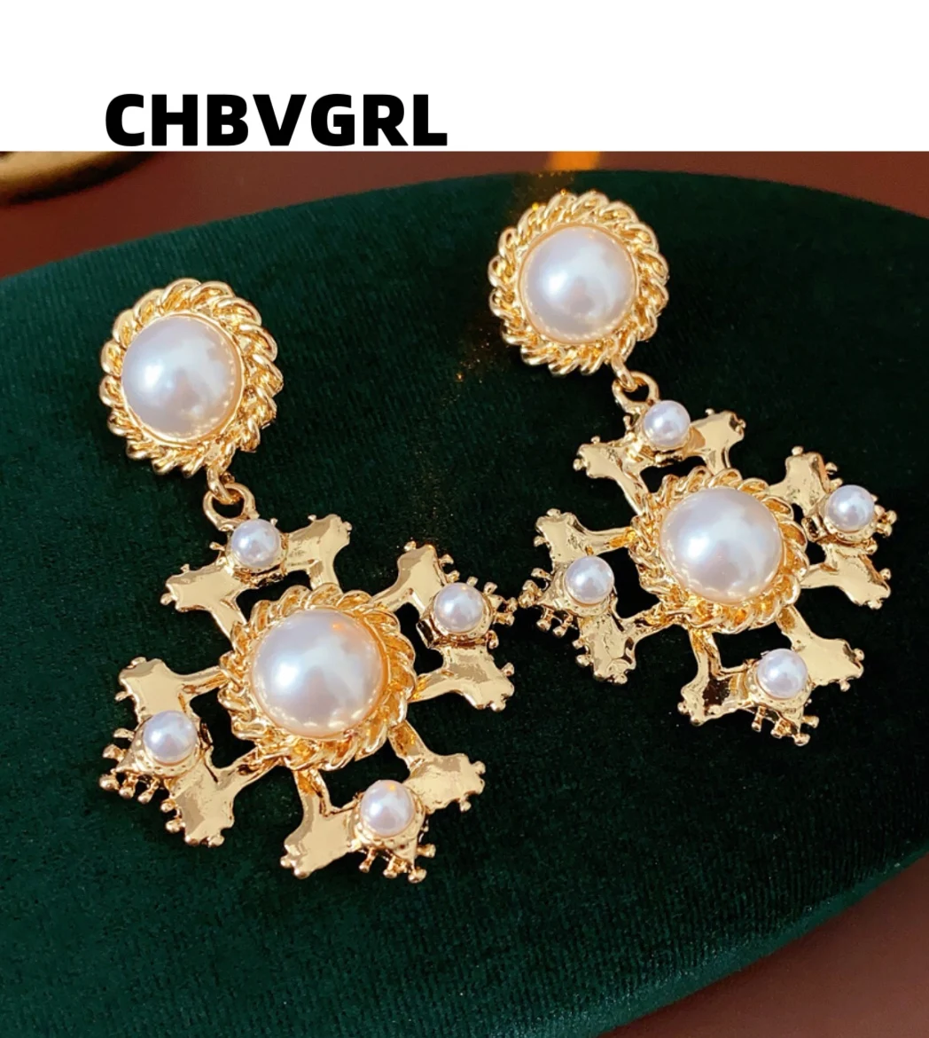 

Popular cross pearl earrings retro court style versatile high-end earring design sense earring for women