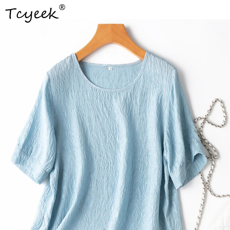 

Tcyeek Summer 100% Silk Guanle Crepe Tshirts Women Round Collar Floral Jacquard Tops Short Sleeve Loose Solid Tees New T35850C