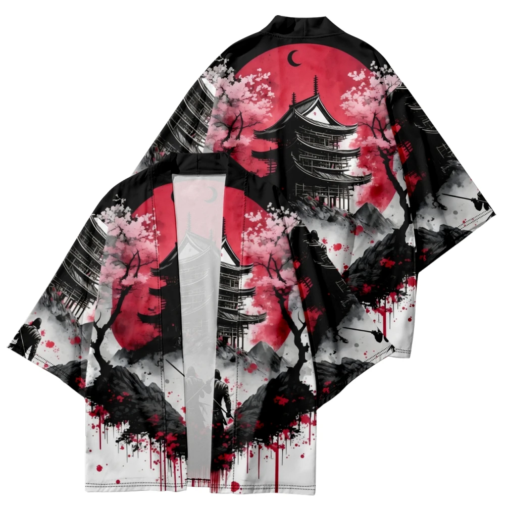 New Arrival Harajuku Japanese Style Anime Ancient Building Print Traditional Kimono Men Cardigan Yukata Shirts Cosplay Haori