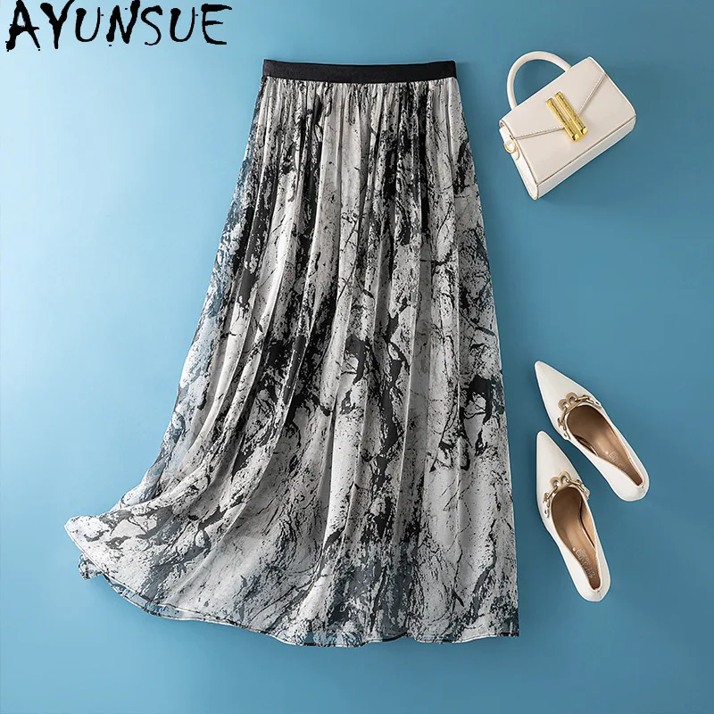 

AYUNSUE Natural Silk Women's Skirts Elegant Vacation Style Skirts for Women Loose A-line Skirt Woman Clothes Summer Ropa Mujer