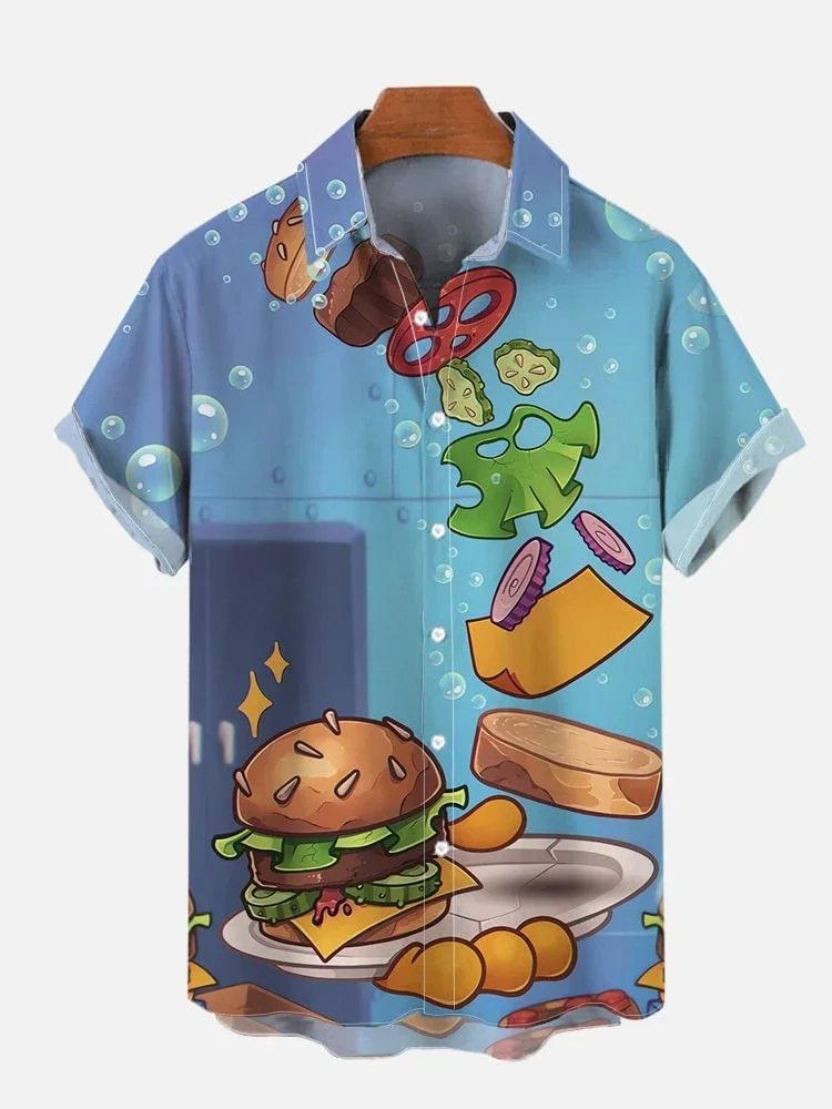 

Cartoon Underwater Restaurant Burger Printing Short Sleeve Shirt Loose Versatile Casual Sports Summer Men
