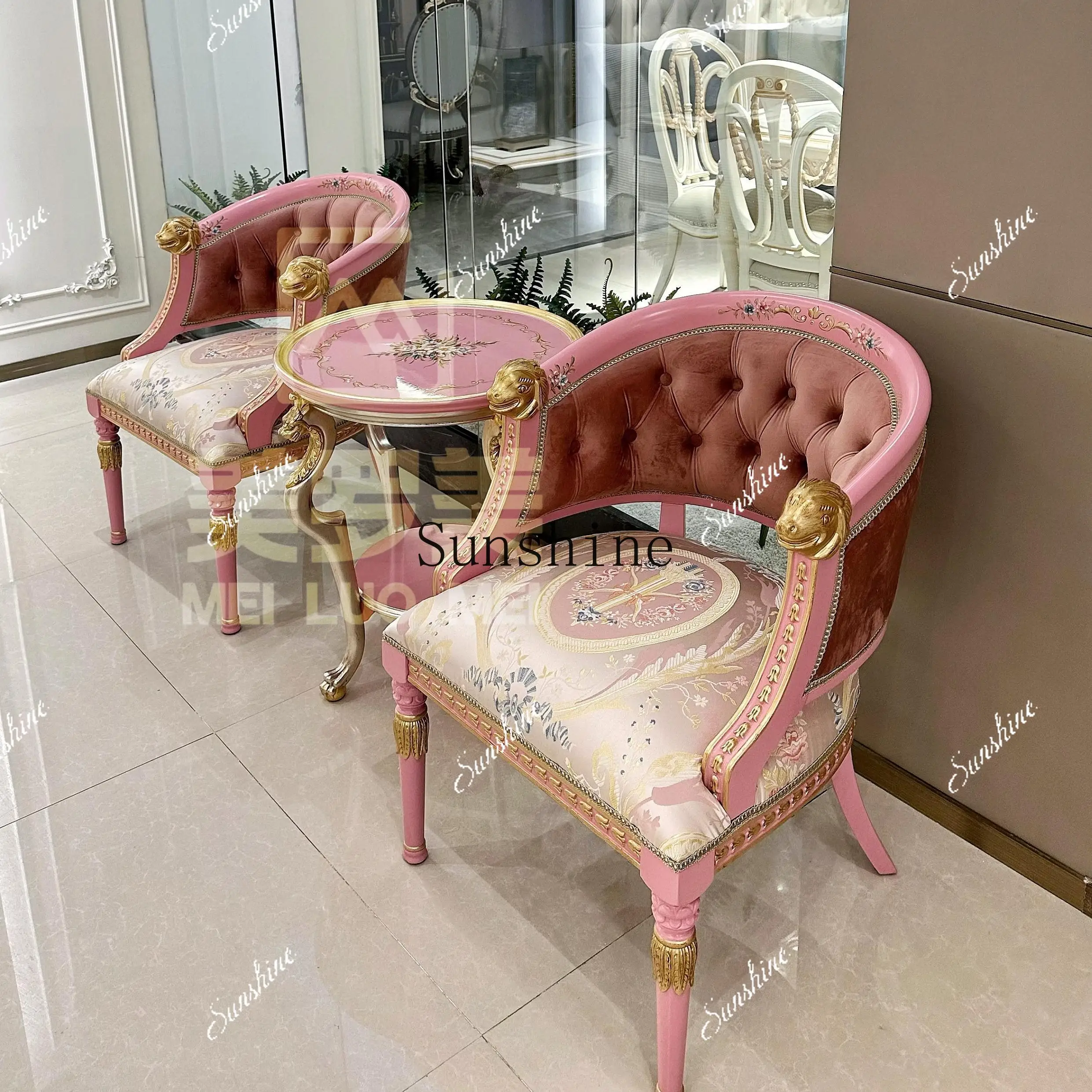 French pink court style retro gold foil solid wood carving flower bedroom fabric room leisure chair  FT