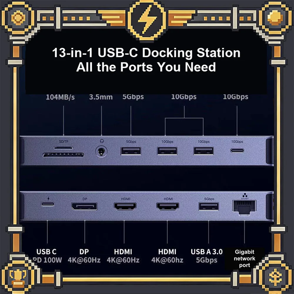 UGREEN CM681 15978 13-in-1 USB C Docking Station Quad Display Dual HDMI DisplayPort 10Gbps USB Gigabit Ethernet 100W PD.