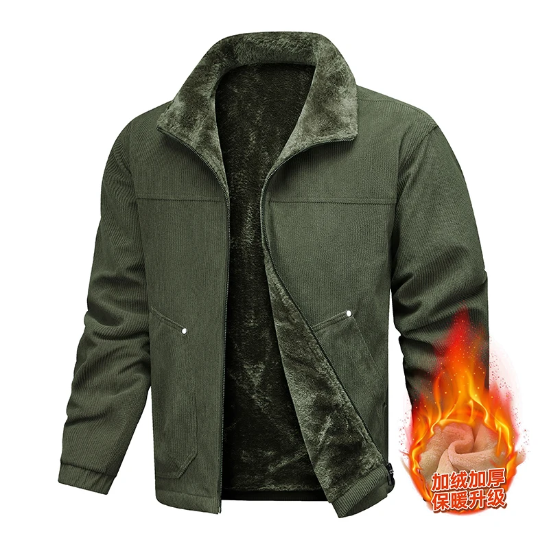 

Мужская белая вельветовая куртка с флисовой подкладкой — утолщенный, теплый и меховой воротник, идеально подходит для зимней улицы и повседневной носки