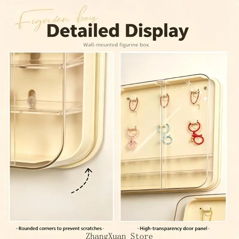 Kleine Figurenvitrine für die Raumwand mit abgestuftem Innenraum, durchsichtige Aufbewahrungsbox vorne für Sammlerstücke – Detail 2