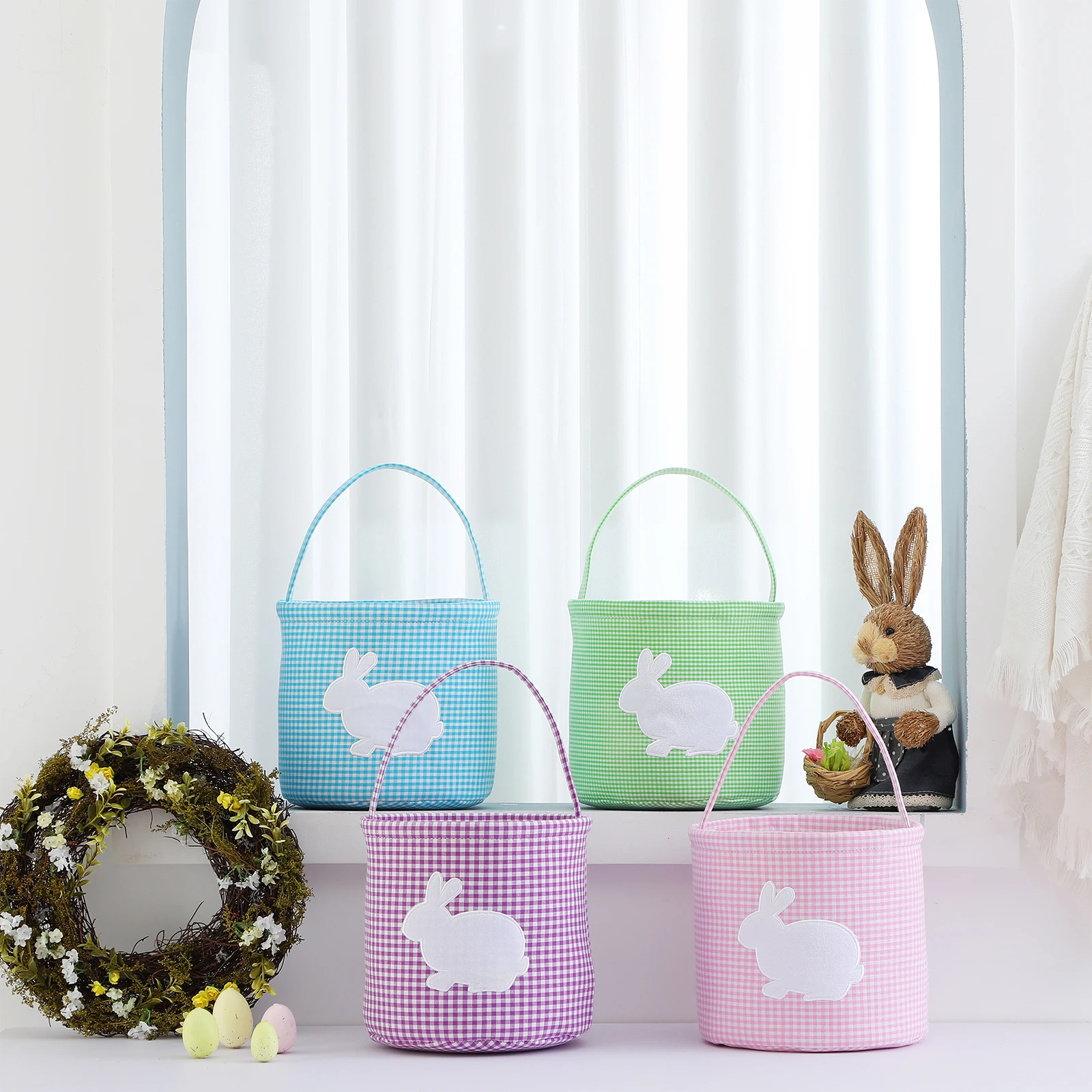 Easter Bunny Bucket Printed Rabbit Plaid Canvas Kids Eggs Hunt Basket Canvas Cotton Carrying Gift Bag Toys Party Handbag