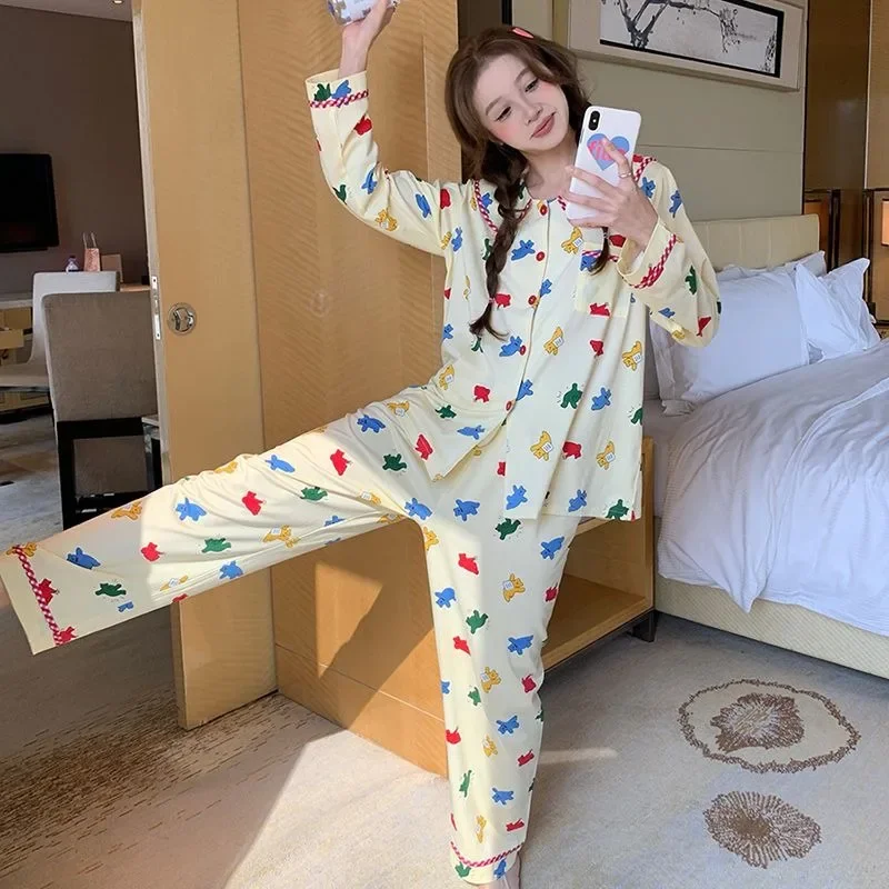 Comfort Ms.Spring and Autumn Sweet Cute Doll Collar Long Sleeve Loungewear Ventilate New Style Cartoon Refreshing Set Pajamas