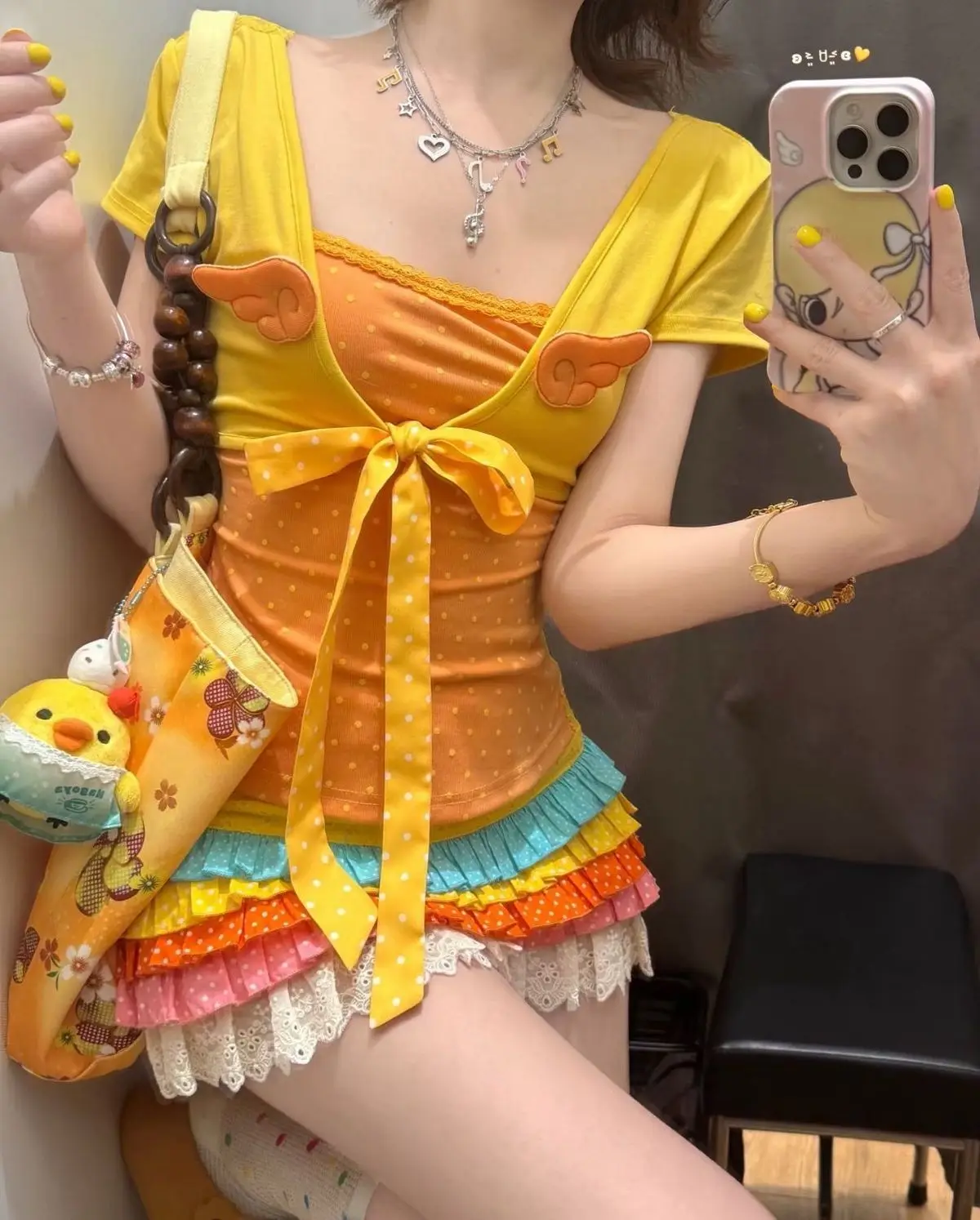 Kawaii Summer Women T shirt Suit Yellow Harajuku Sexy Clothing Korea Sweet Girl Cute Aesthetic 2000s Lolita T shirts Crop Tops