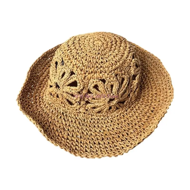 49ME Broad Straw Sun Hat with Openwork for Summer Outings, 56-58 Beach Accessory Look Detail Ready