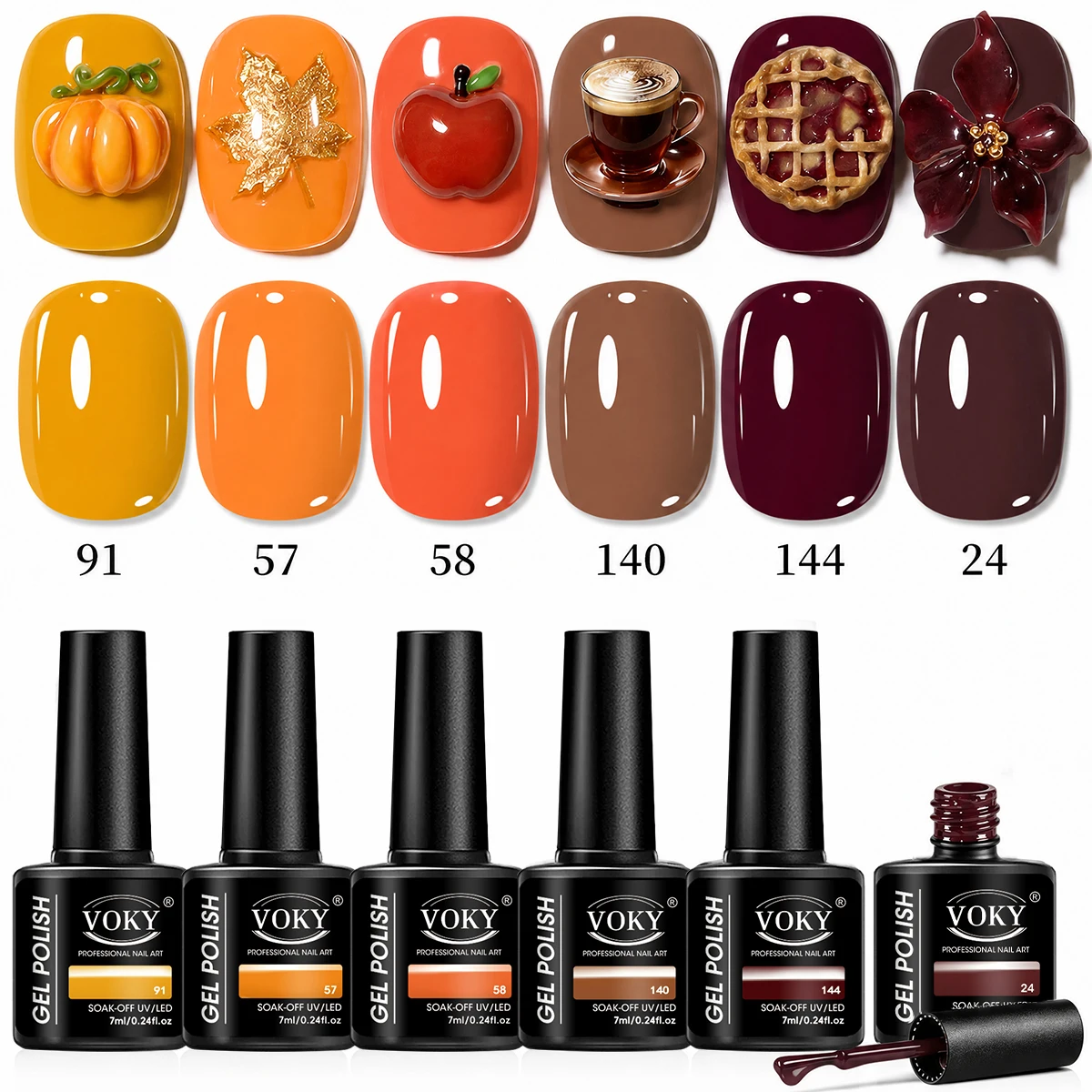 Salon-Grade 6-Piece Solid Color Gel Nail Polish Set, Autumn Pumpkin Maple Leaf Color Series: Mustard Yellow, Orange, Caramel Brown, Burgundy Red Gel, Soak-Off Uv/Led Nail Polish, High Gloss and High Color Payoff Nail Art Set, Suitable for Nail Salons and Home DIY