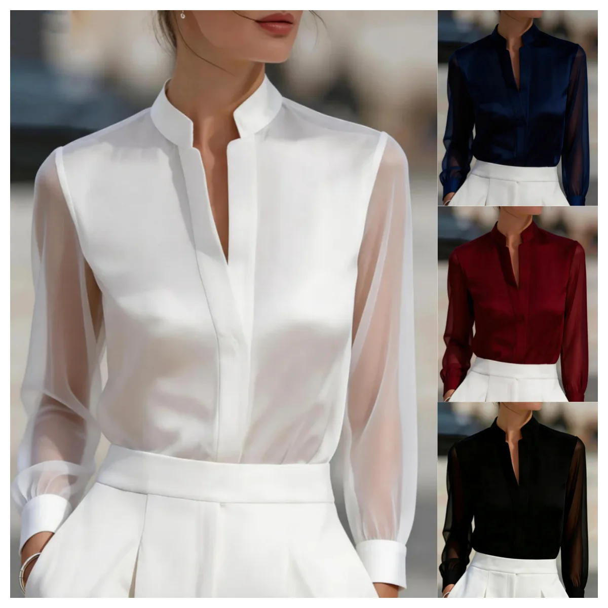 Damen Glänzende Satin-Bluse mit Stehkragen, V-Ausschnitt und Transparenten Langen Ärmeln – Detail 2