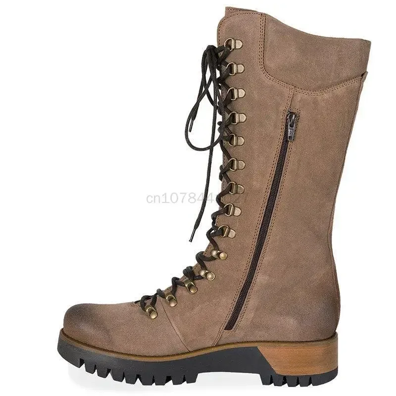 Nouvelles femmes rétro genou bottes hautes plate-forme antidérapante à lacets femmes chaussures hiver longue couleur unie Martin bottes Vintage chevalier bottes