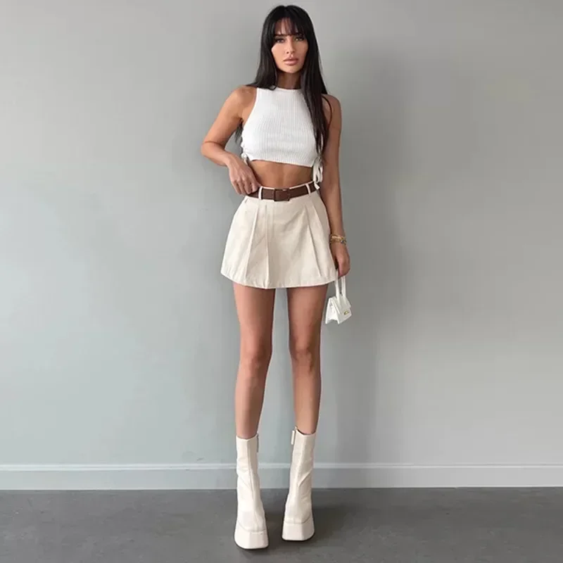 Vintage Solid Shorts Skirts For Women Autumn Casual Women's High Waist Pleated Mini Skirts Female Street Slim Shorts With Belt