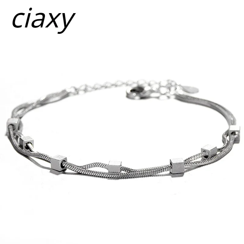 CIAXY 925 Sterling Silver Geometric Brushed Square Bracelets for Women Multi-layer Snake Bone Chain Bracelet Simple Jewelry
