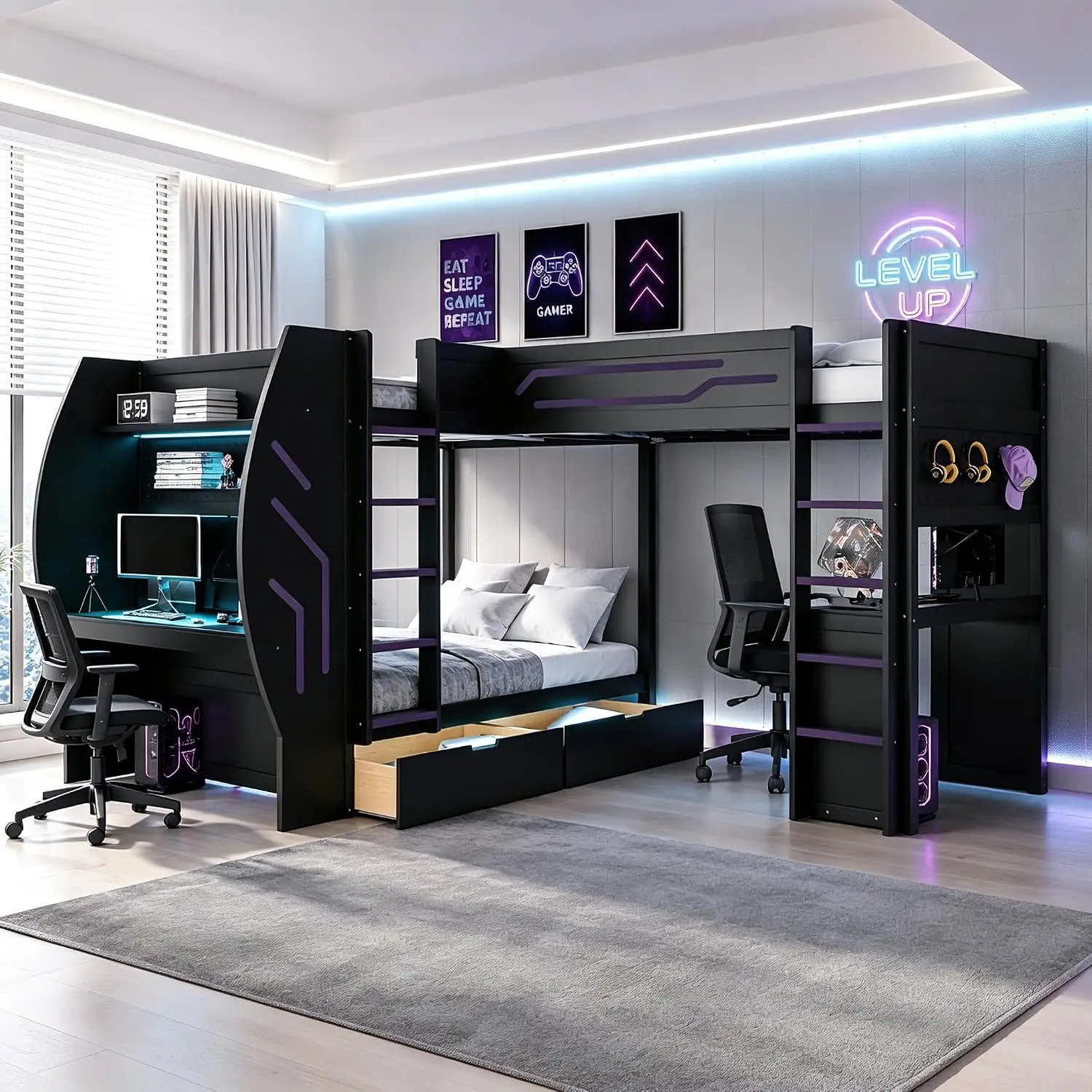 L-Shaped Triple Bunk Bed with Storage Drawers, Twin Over Full, Black, Customized