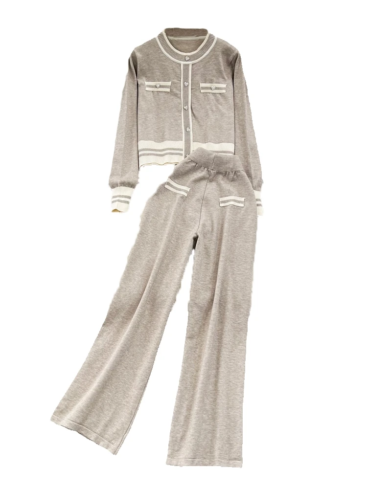 

Faionable round Ne Long Sve Striped Color Blo Knitted Top And High Waist Straight Leg Pants Two Piece Set for Women