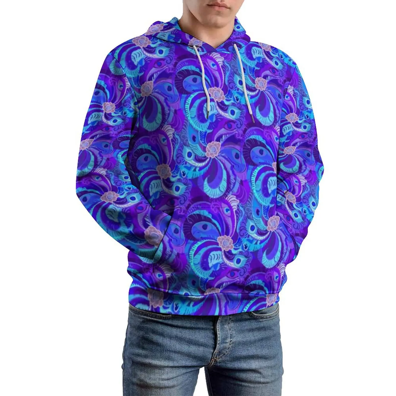 Peacock Neck Gator Loose Hoodies Retro Blue Feathers Casual Hoodie Men Long-Sleeve Harajuku Design Hooded Sweatshirts Plus Size