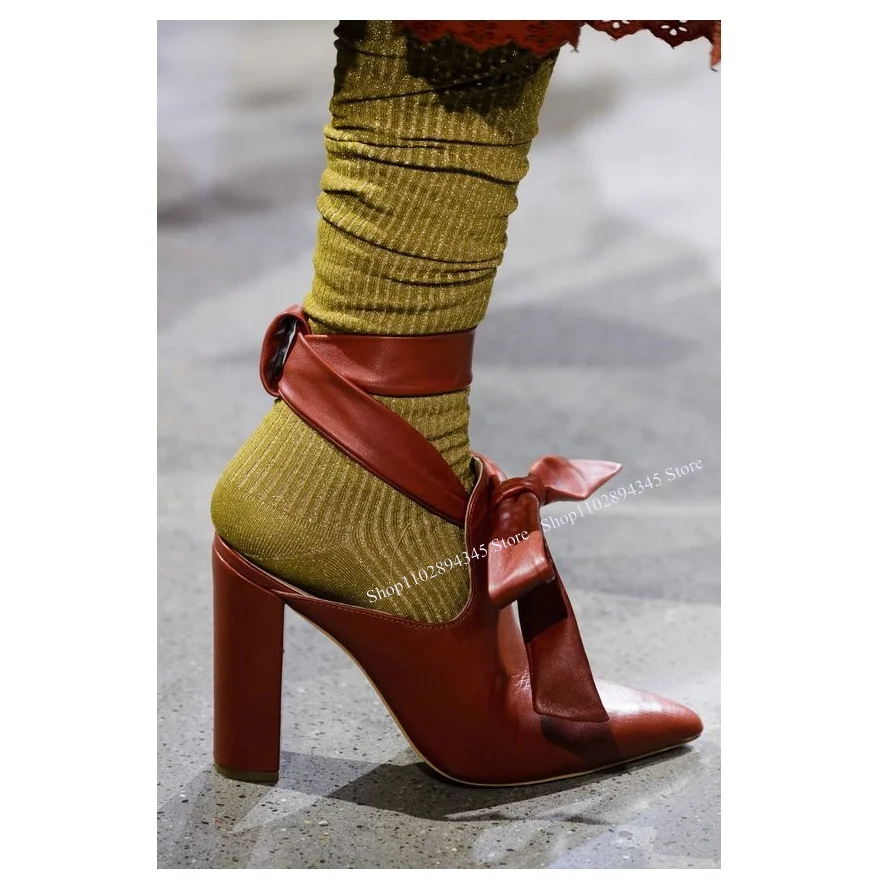 Wine Red Bow Knot Hollow Pumps Pointed Toe Chunky Heel Shallow Cool Fashionable Sexy Summer 2024 Woman Shoes Zapatillas Mujer