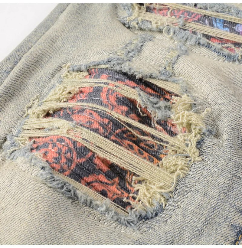 Herren-Jeans mit Riss-Patchwork, Streetwear, Skinny Tapered Hosen, Vintage Stretch-Denim, zerrissene, abgenutzte Hosen – Detail 9