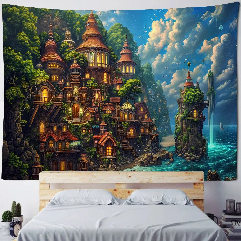 Beautiful seaside scenery tapestry wall hanging dreamy castle tapestry home bedroom hanging cloth, beach picnic mat yoga sheets