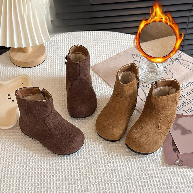 

Girls Fashion Boots Winter Children's Pu Suede Leather Plush Retro Velvet Warm Non-slip Ankle Boys Girl Footwear Size 23-34