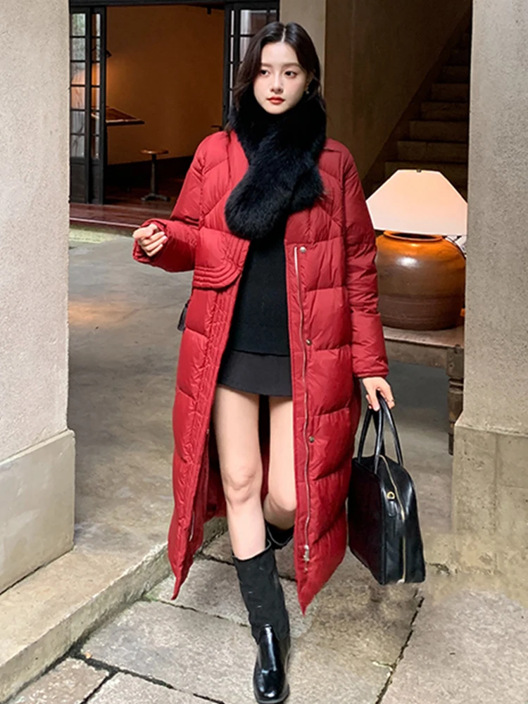 Fashion Winter Women Long Coats Filling White Goose Down With Natural Real Fox Fur Collar Scarf Luxury Thick Warm Jacket