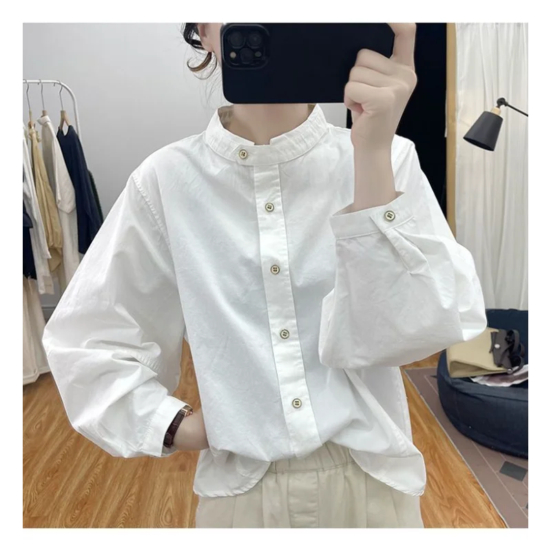 الخريف القطن الخالص فانوس كم طويل الأكمام قميص المرأة الوقوف طوق أعلى 2025 جديد ريترو قميص فضفاض #2