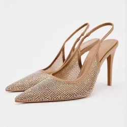 2024 Summer Women High Heeled Sandals Pointed Back Strap Bright Diamond Slingback Stilettos Lady Party Bride Shoes