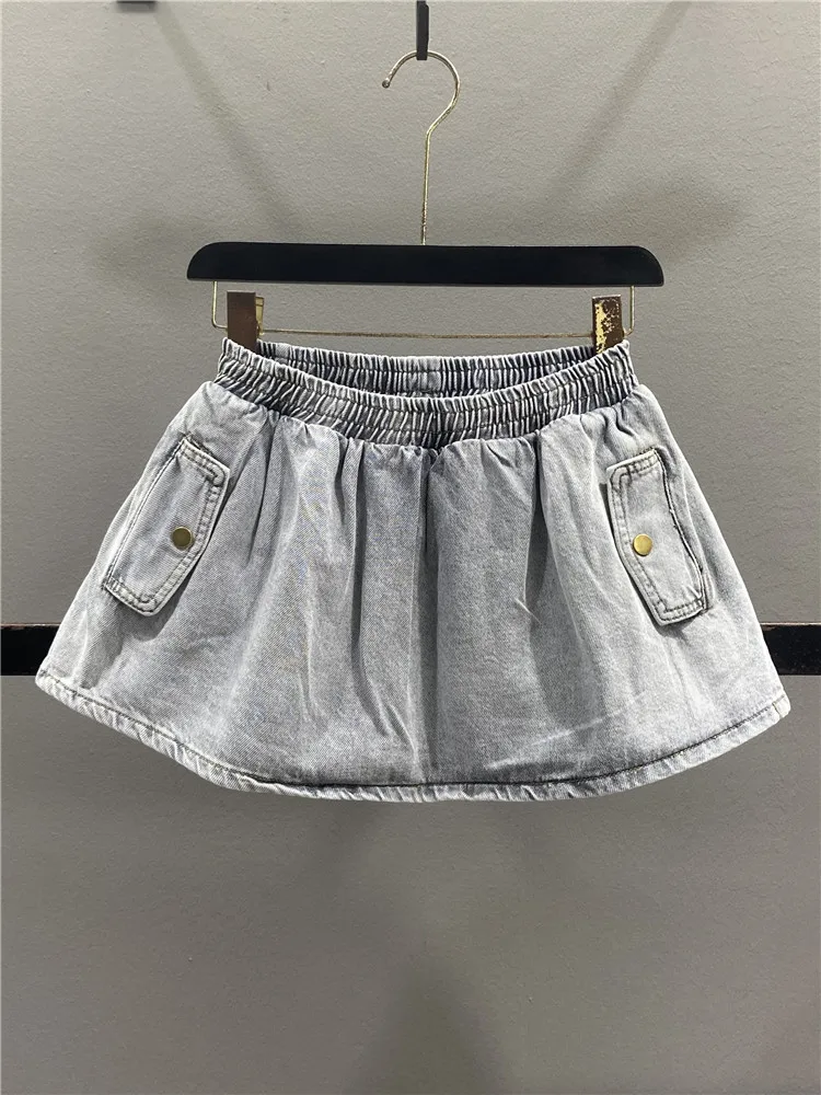 Casual High Waist A-Line  Skirt Women's Denim Skirt Elastic Waist Loose Slimming Short Skirt Beige Spring Summer