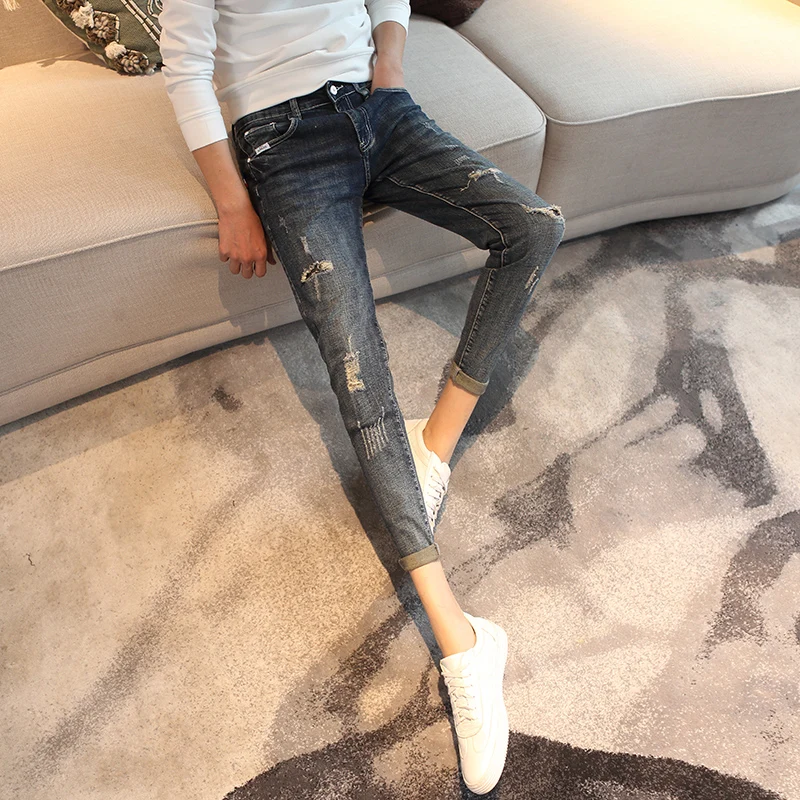 Slim Fit Boys Jeans 26 Small Size ort Stature 60 Nine Points Tight Jeans Students 27 Hole Pencil Pants Cotton Elastic Denim