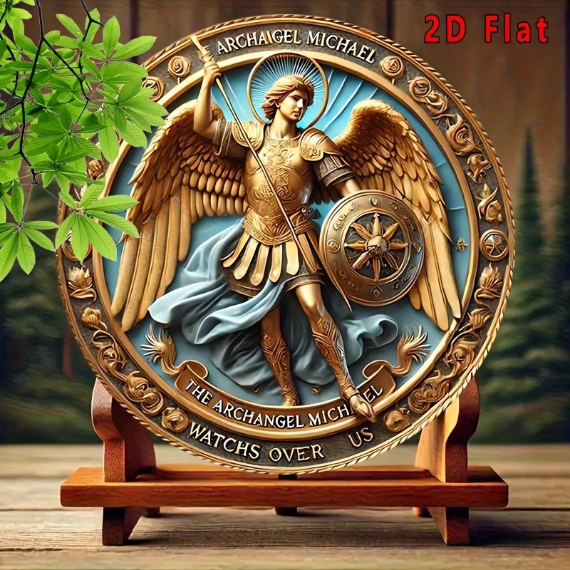 High Definition Custom Metal Wall Art Print Archangel Michael Golden Wing Armor Shield Floral Frame Round Sign Wall Decor for Ch