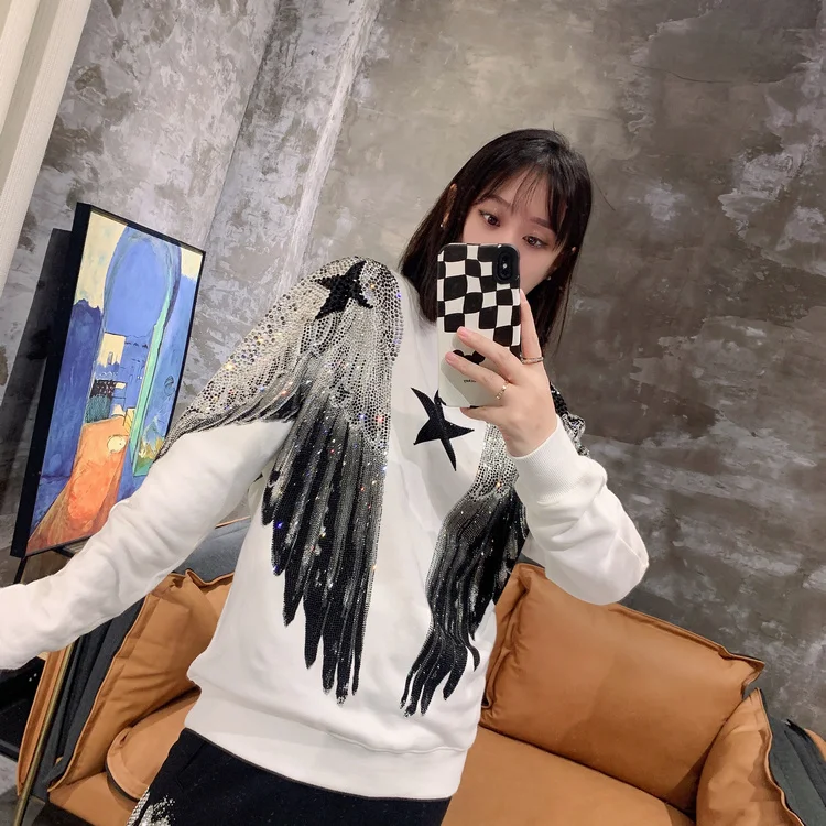 Hot Drilling Large Front and Rear Wings Men Women Pullovers Hoodie Top O-neck Stars Couple's Sweatshirt Streetwear Clothes White