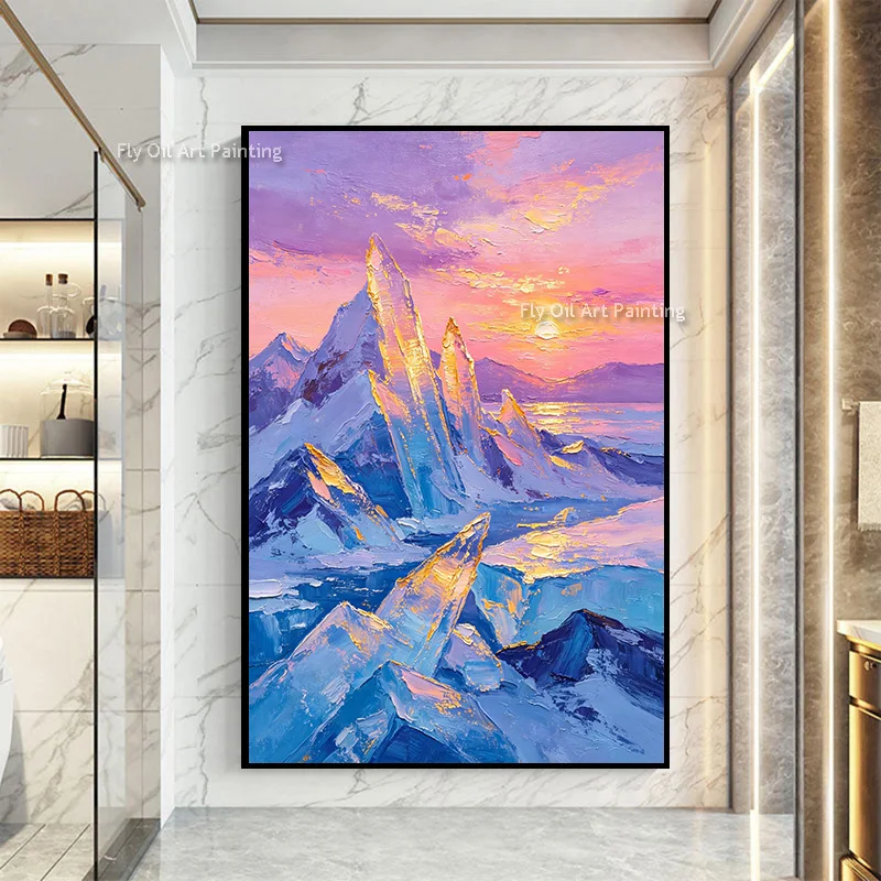 Blue Pink Mountains Landscape Yellow Sun Set Home Wall Art Items Hand Made New Blue Glacier Purple Sky Oil Painting For Home