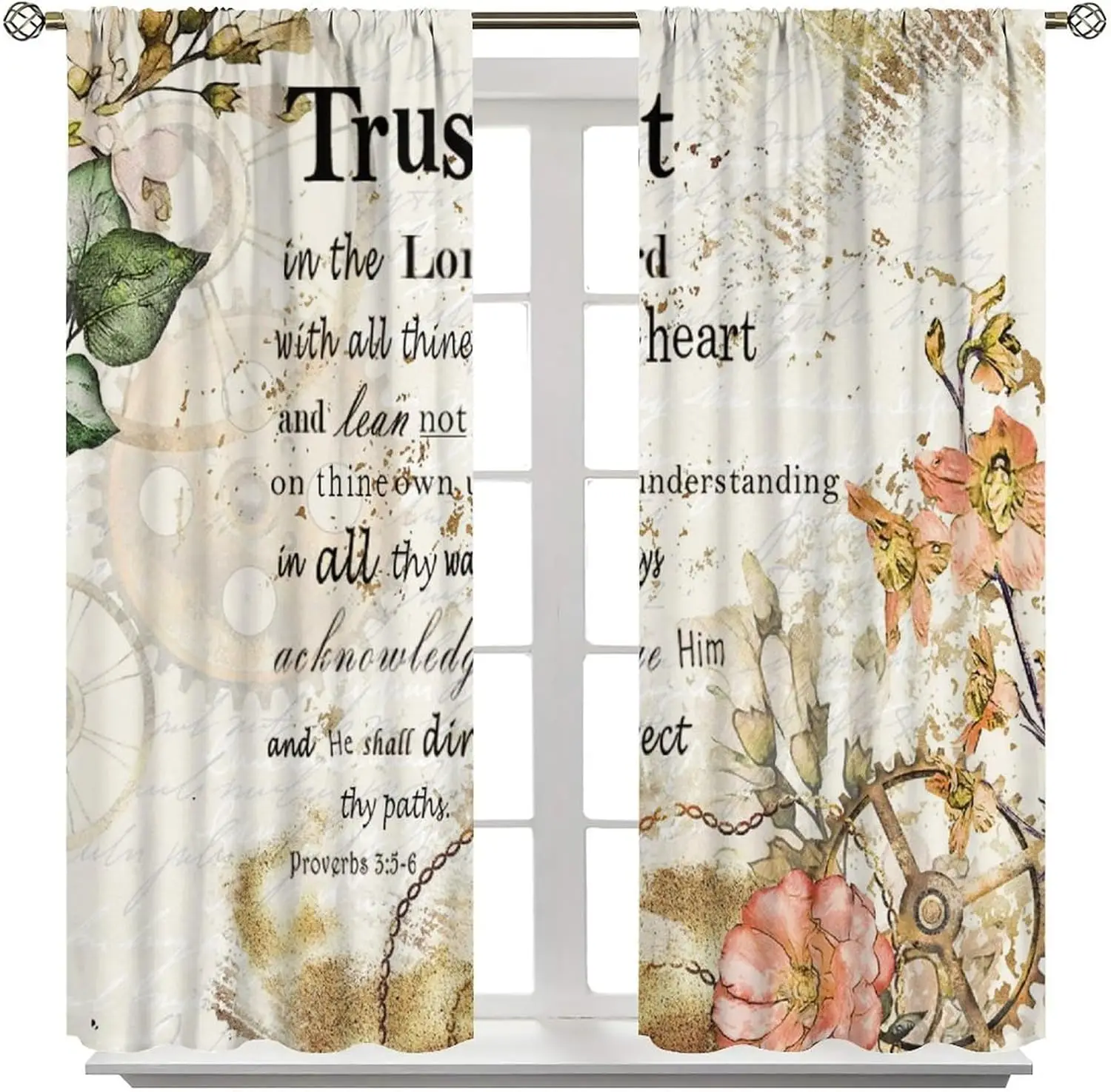 Bible Christian Scripture Curtain Verse Quotes Vintage Floral Wildflower Window Treatments Motivational Positive Inspirational