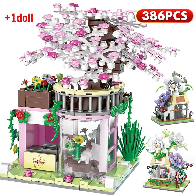 

Mini City Street View Cherry Blossom House Building Blocks Friends Figures Orchid Architecture Bricks Toys For Children Gifts