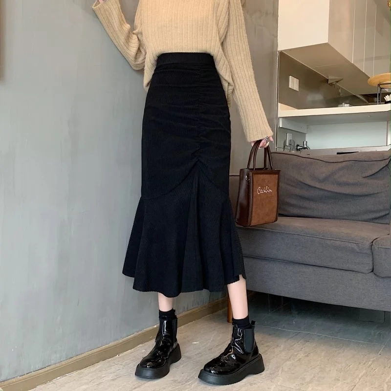 Korean Fashion Women Corduroy Pleated Long Skirt Autumn Winter Elastic High Waist Slim Ruffles Versatile Casual Fishtail Skirts