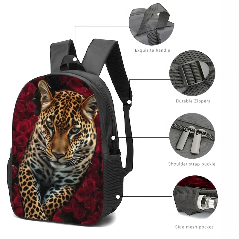 

Leopard print and red rose printed backpack, stationery box and lunch box bag combination, high definition printing process