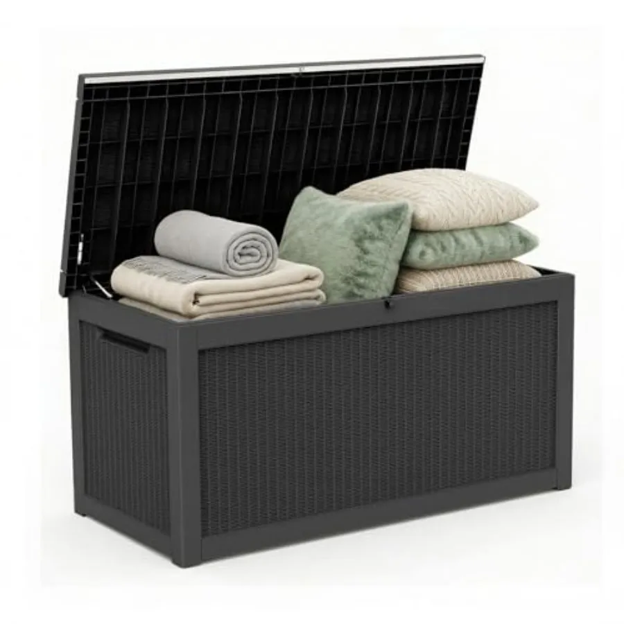 Outdoor storage deck box for patio and pool area, made of waterproof resin, gray color, lockable and UV resistant with cushion