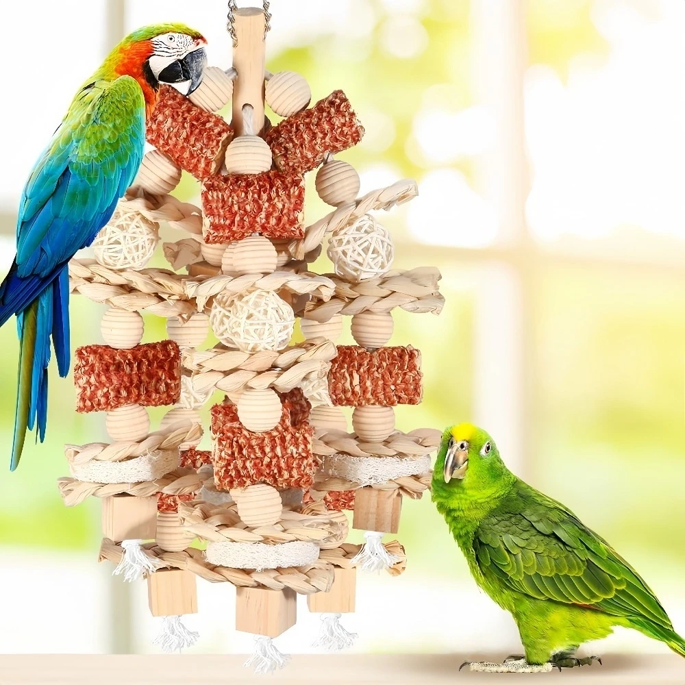 Große Papageien-Kauspielzeuge aus Naturholz mit Rattanbällen, Hängende Käfigspielzeuge für Ara, Kakadu und Graupapageien – Detail 4