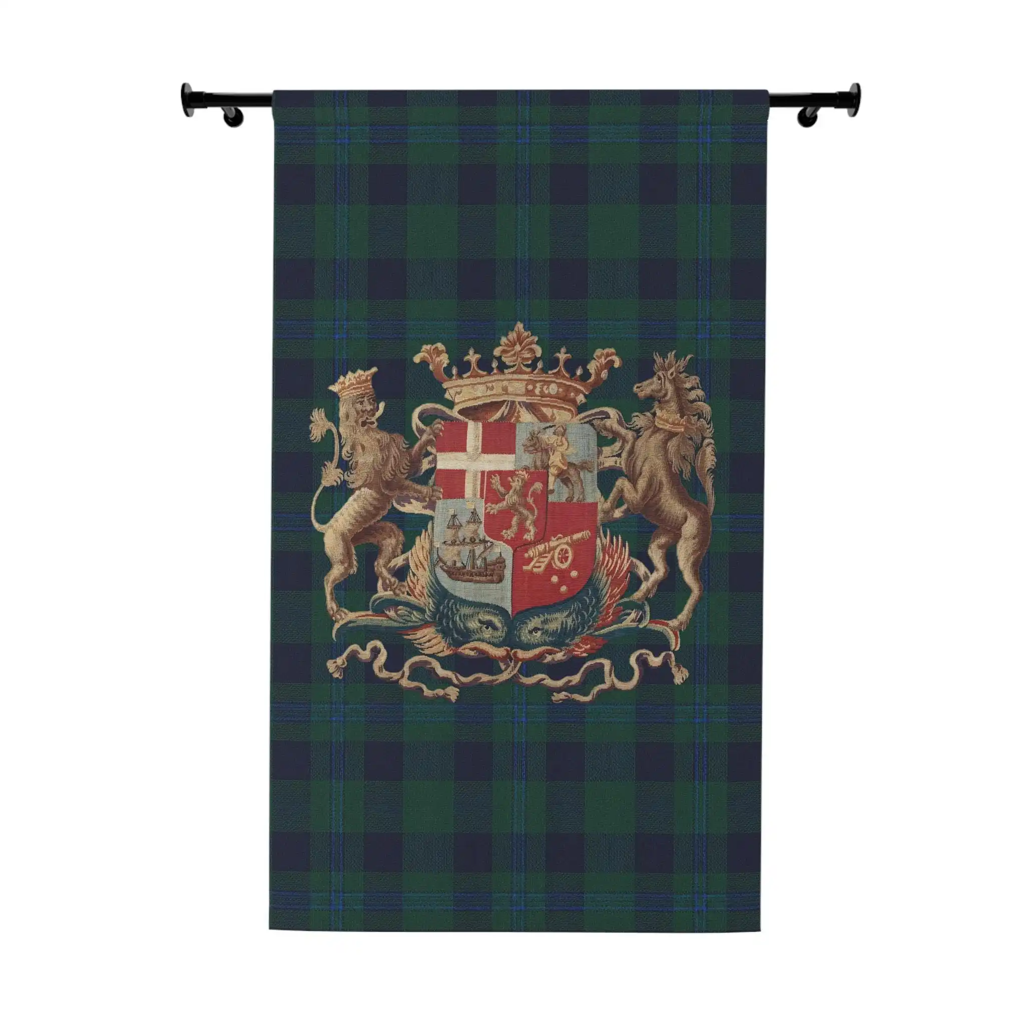 Vintage Crest Family Coat of Arms Pattern Green Plaid Curtains for Living Room Home Decor Window Treatment