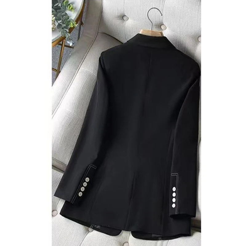 Blazer fino de botão manga comprida feminino, jaqueta com gola entalhada, casaco chique, preto, branco, escritório, senhora, primavera, outono, moda, elegante